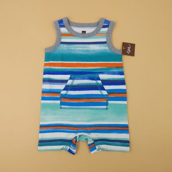 Tea Collection Tank Romper Baby 9-12 M Blue Striped Cargo Pocket - Picture 1 of 6